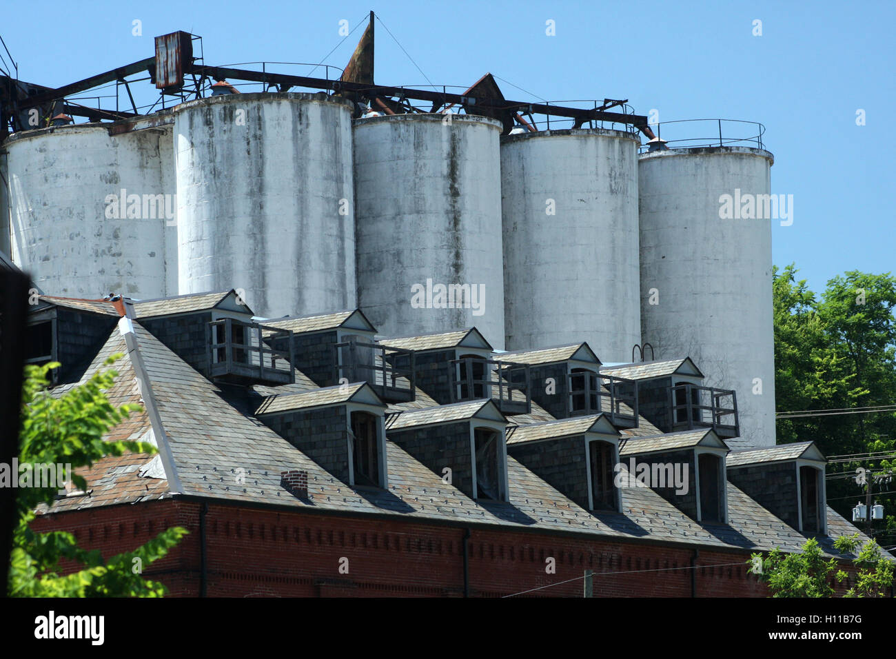Detail of the abandoned Piedmont Flour Mill and Silo buildings on
