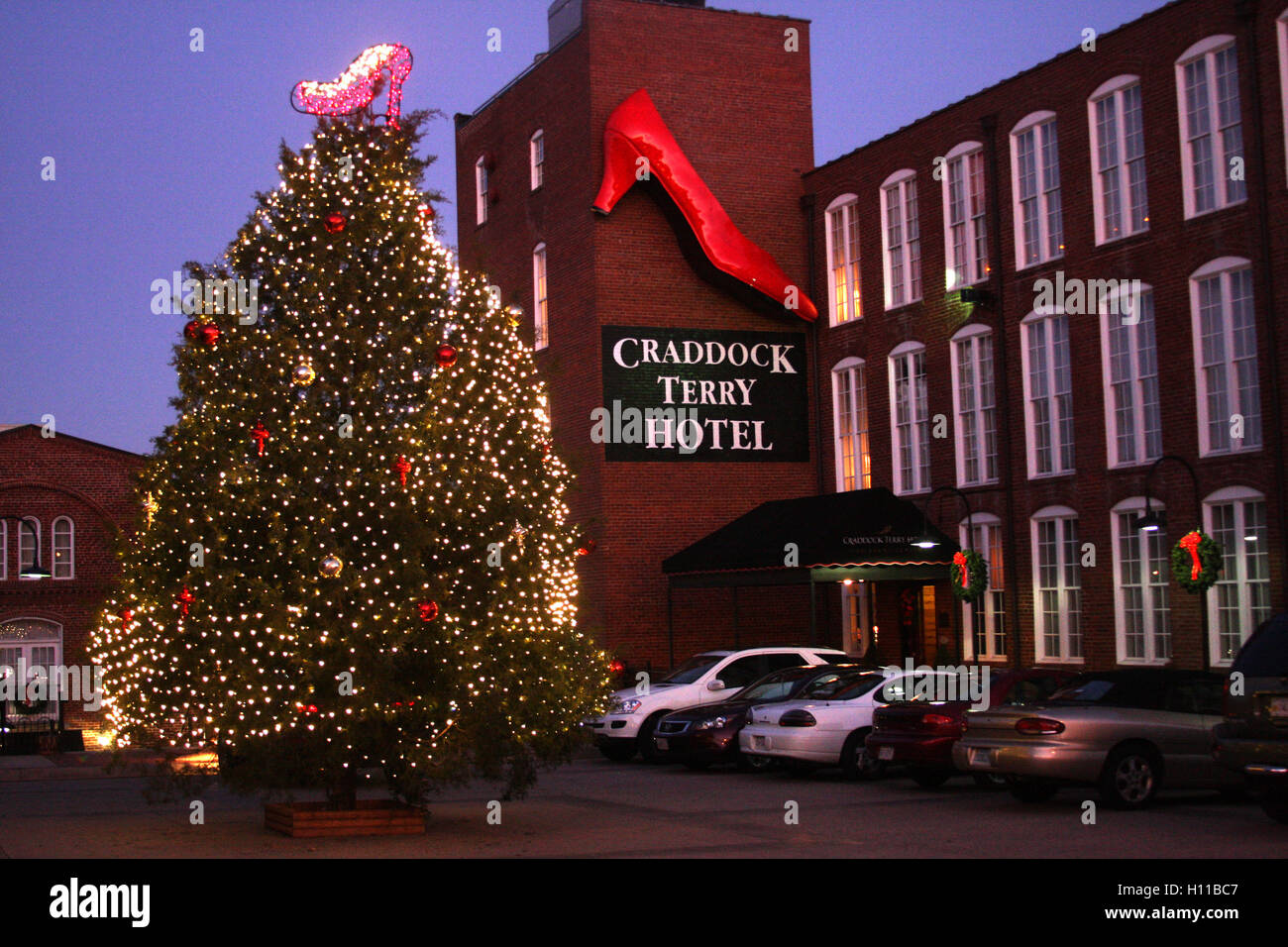Downtown Lynchburg, Virginia, USA. Craddock Terry Hotel with Christmas