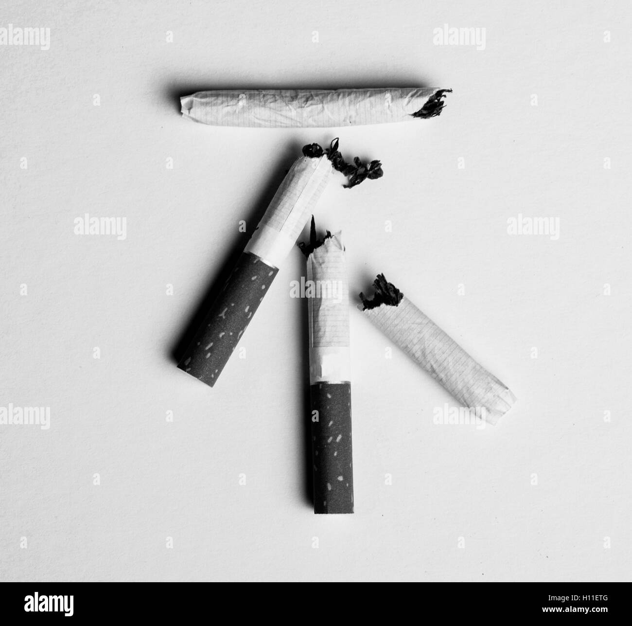 No smoking concept, top view of 'no' in chinese word made with broken cigarettes Stock Photo