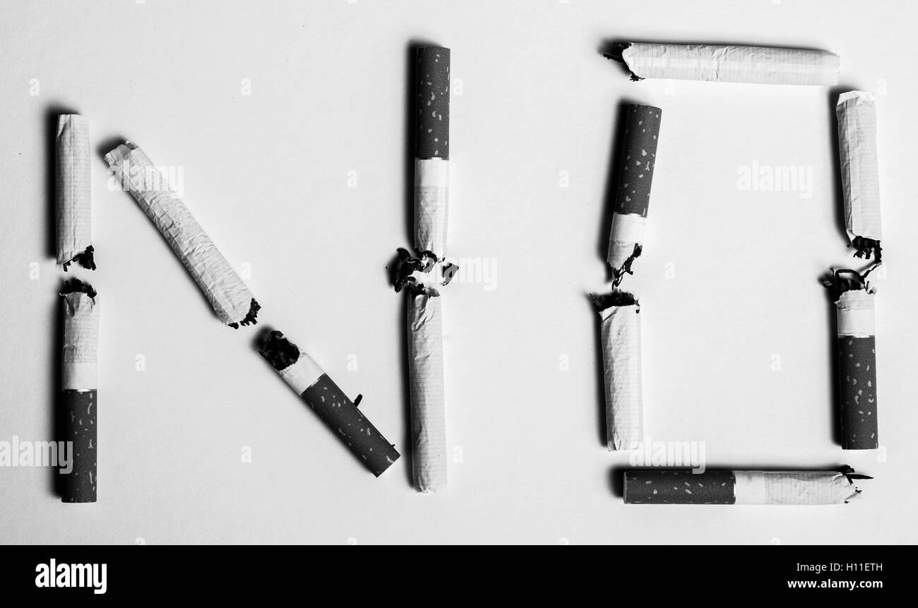 No smoking concept, top view of no word made with broken cigarettes Stock Photo