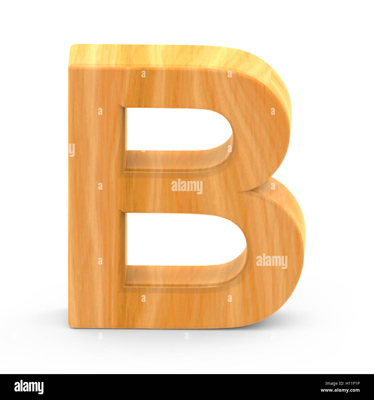 3D rendering wooden grain letter B isolated on white background, light