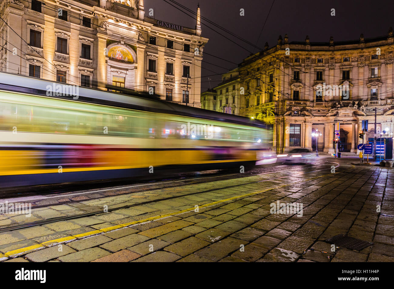 Street car tram, nocturne Milan, Italy Stock Photo