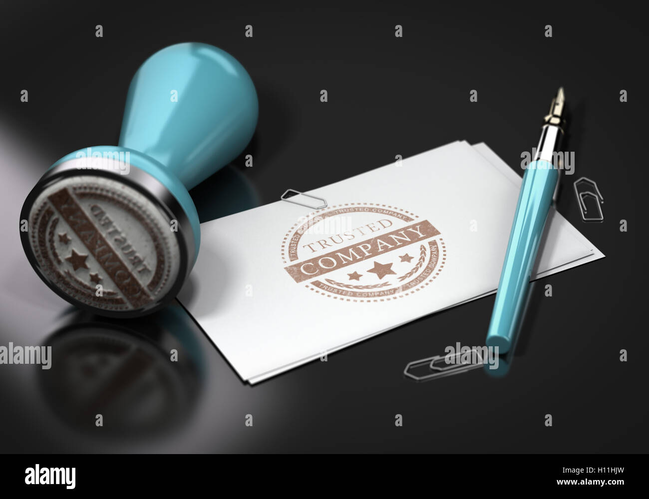 3D illustration of business cards with tursted company imprinted on it. Image over black background with rubber stamp fountain p Stock Photo