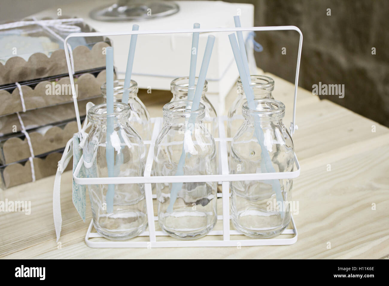 Empty glass milk bottles in grocery store, sale Stock Photo Alamy