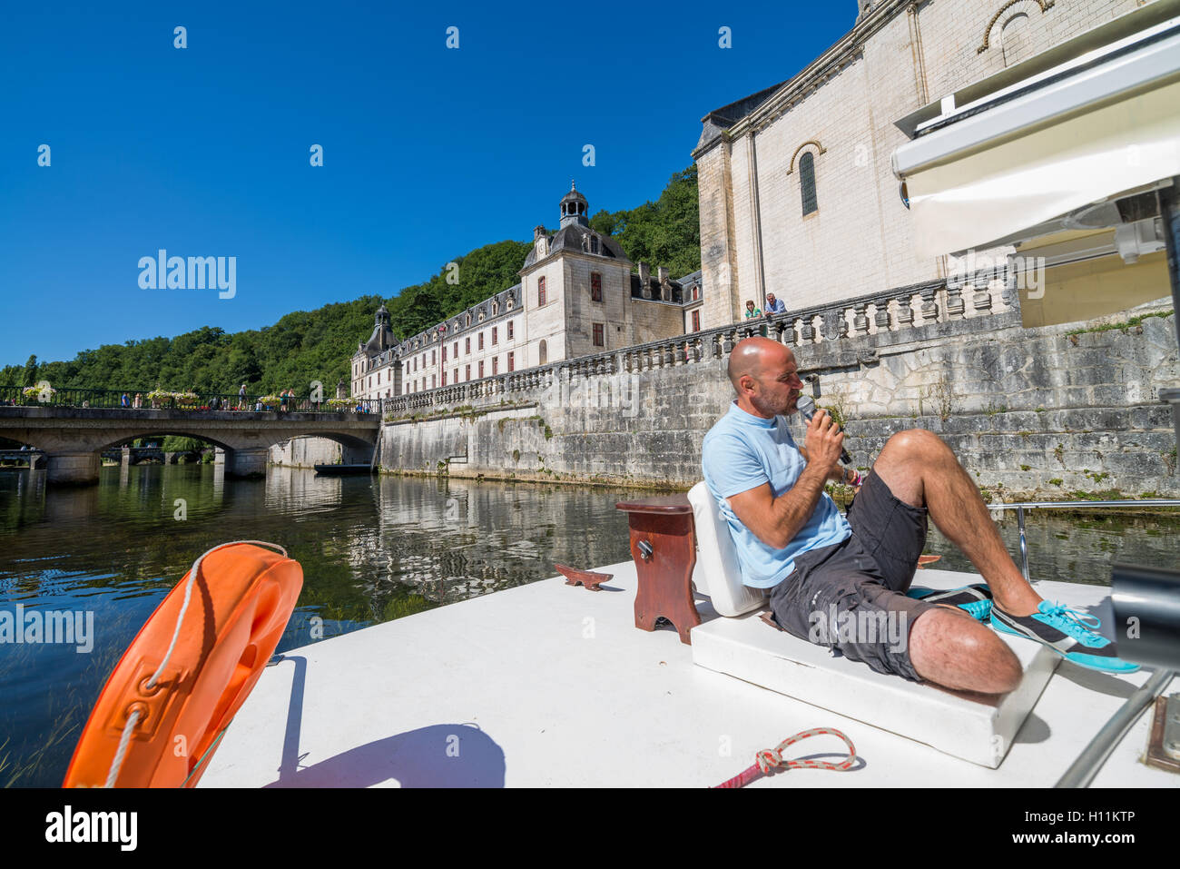 Boat trip on the river La Dronne in Brantome, Dordogne, Aquitaine, France. Stock Photo