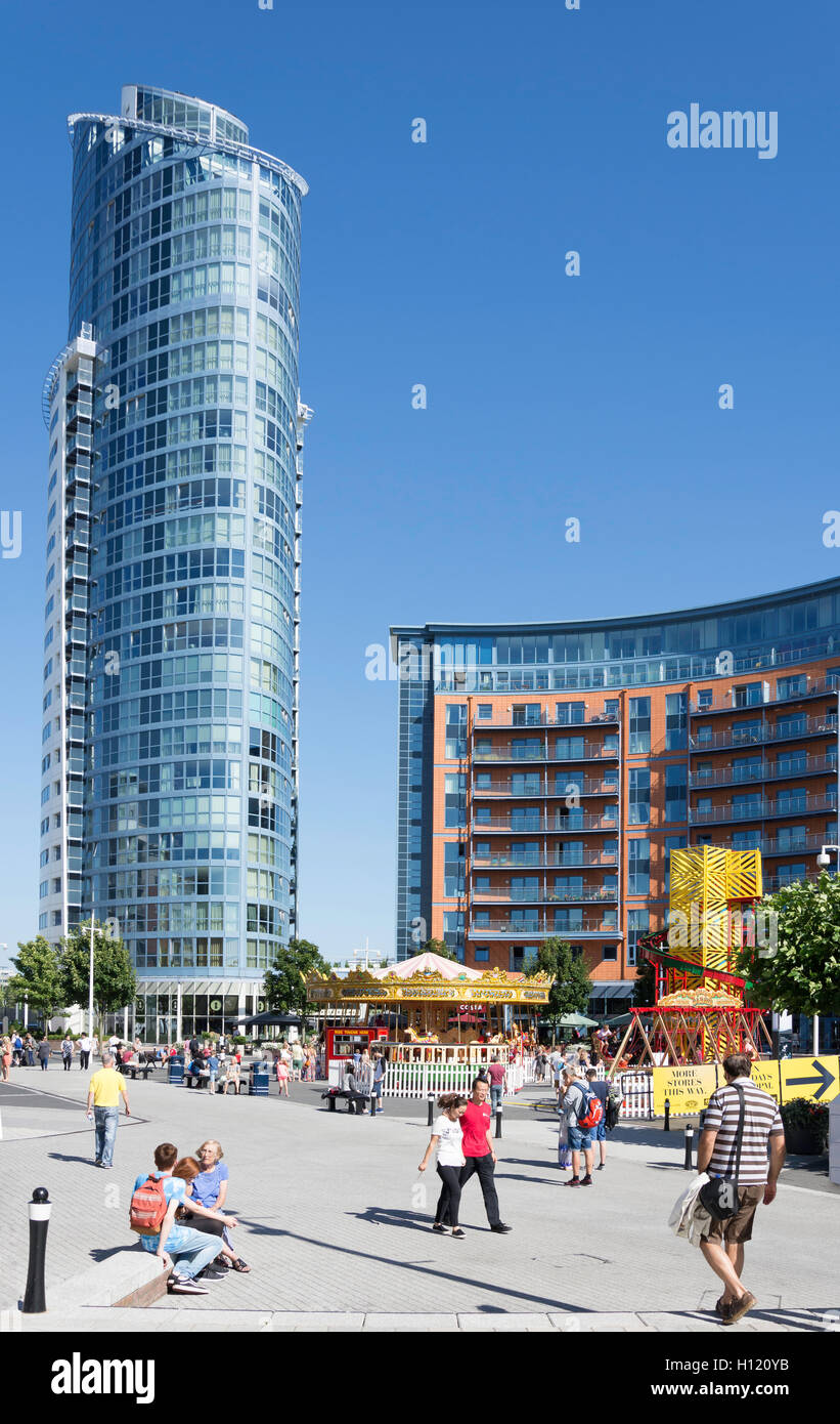The Lipstick Tower and The Plaza, Gunwharf Quays, Portsmouth Harbour, Portsmouth, Hampshire, England, United Kingdom Stock Photo