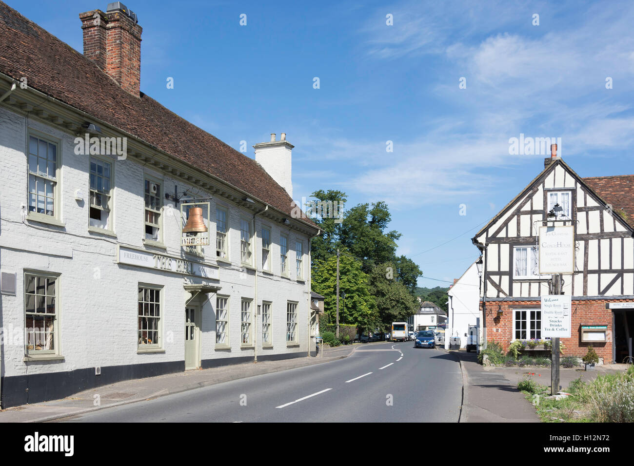 Entrance to Godstone village showing The Bell Inn, Eastbourne Road, Godstone, Surrey, England, United Kingdom Stock Photo