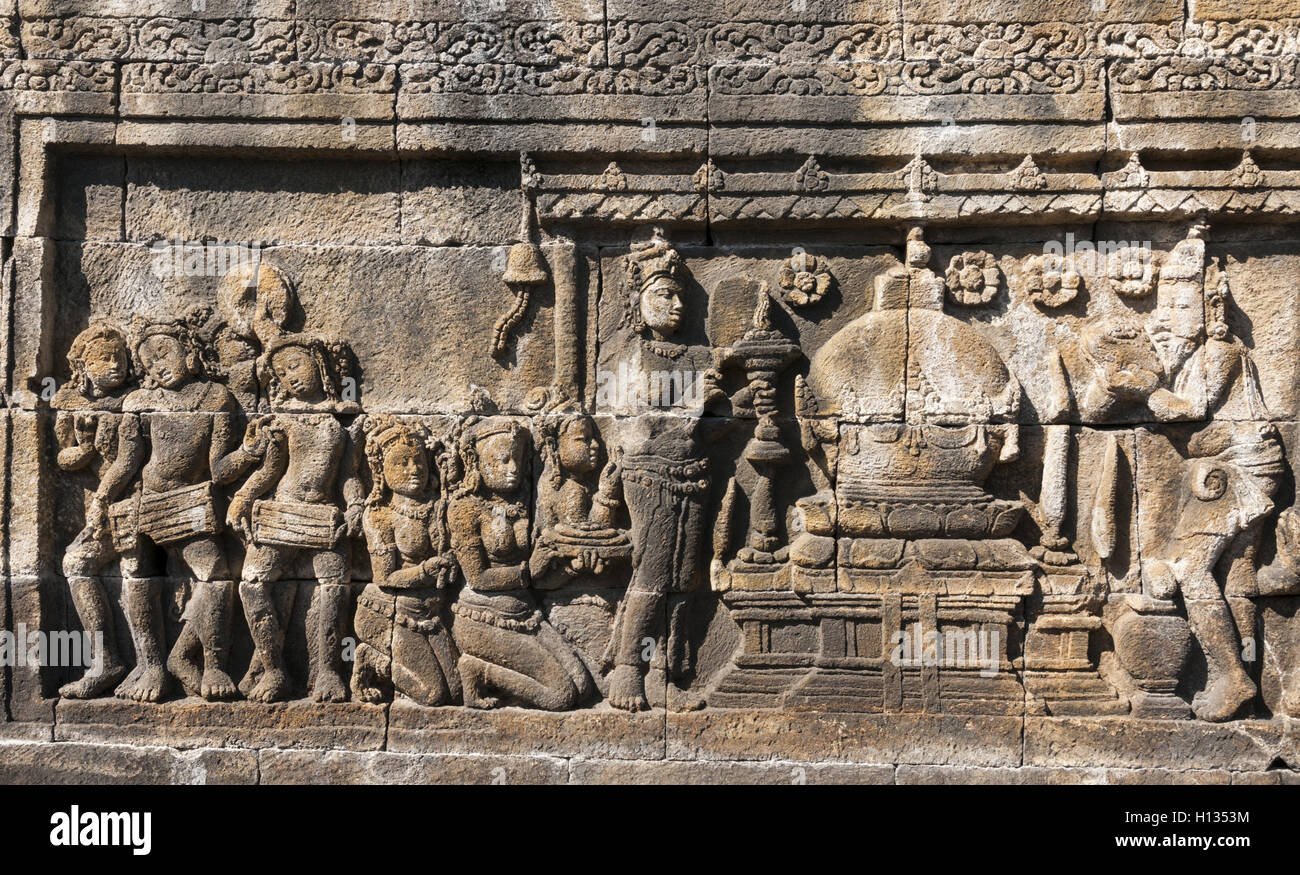 Indonesia, Java, Magelang, Borobudur Temple Compounds, Borobudur Temple, sculpted panel detail Stock Photo