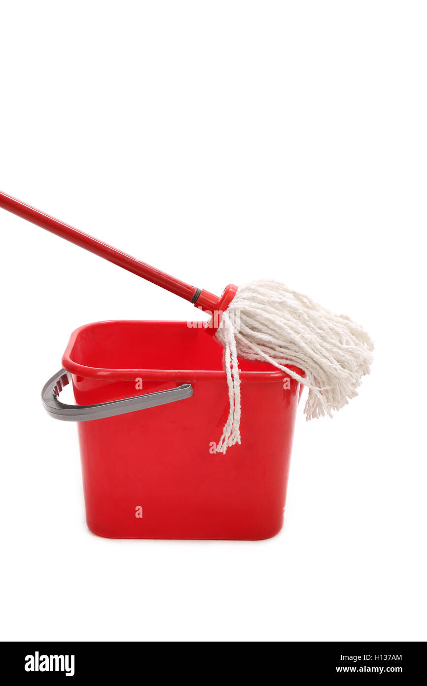 Red bucket with cleaning mop Stock Photo Alamy