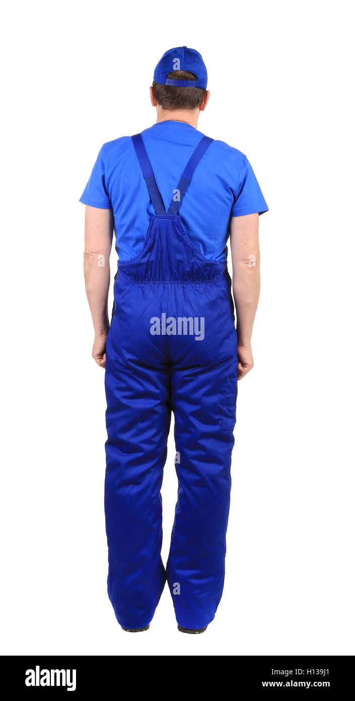 Worker in blue overalls. Back view Stock Photo - Alamy