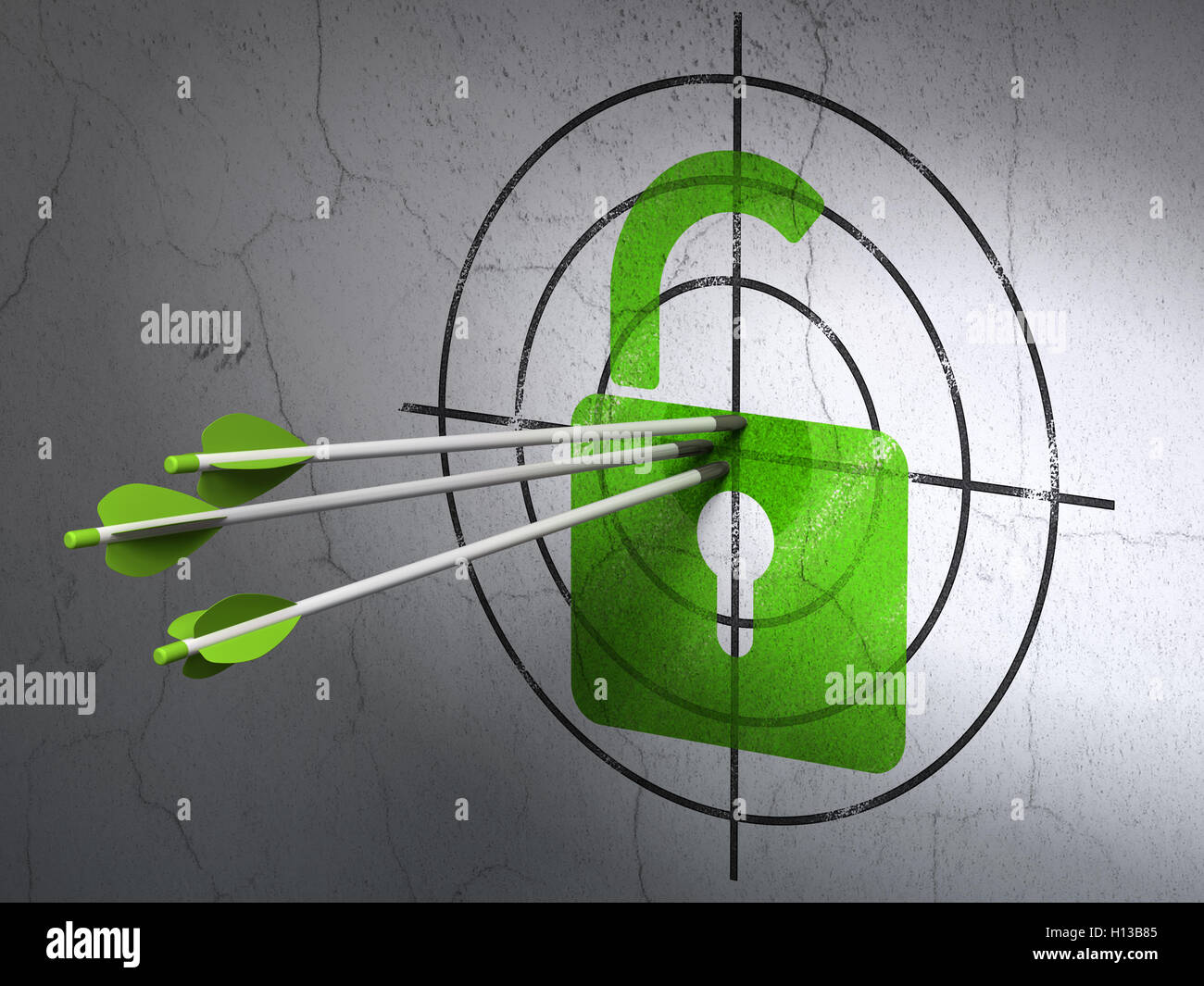 Safety concept arrows in Opened Padlock target on wall background
