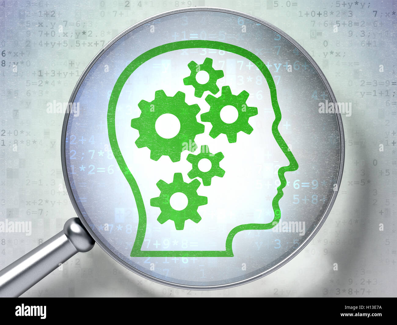 Education concept: Head With Gears with optical glass on digital ...