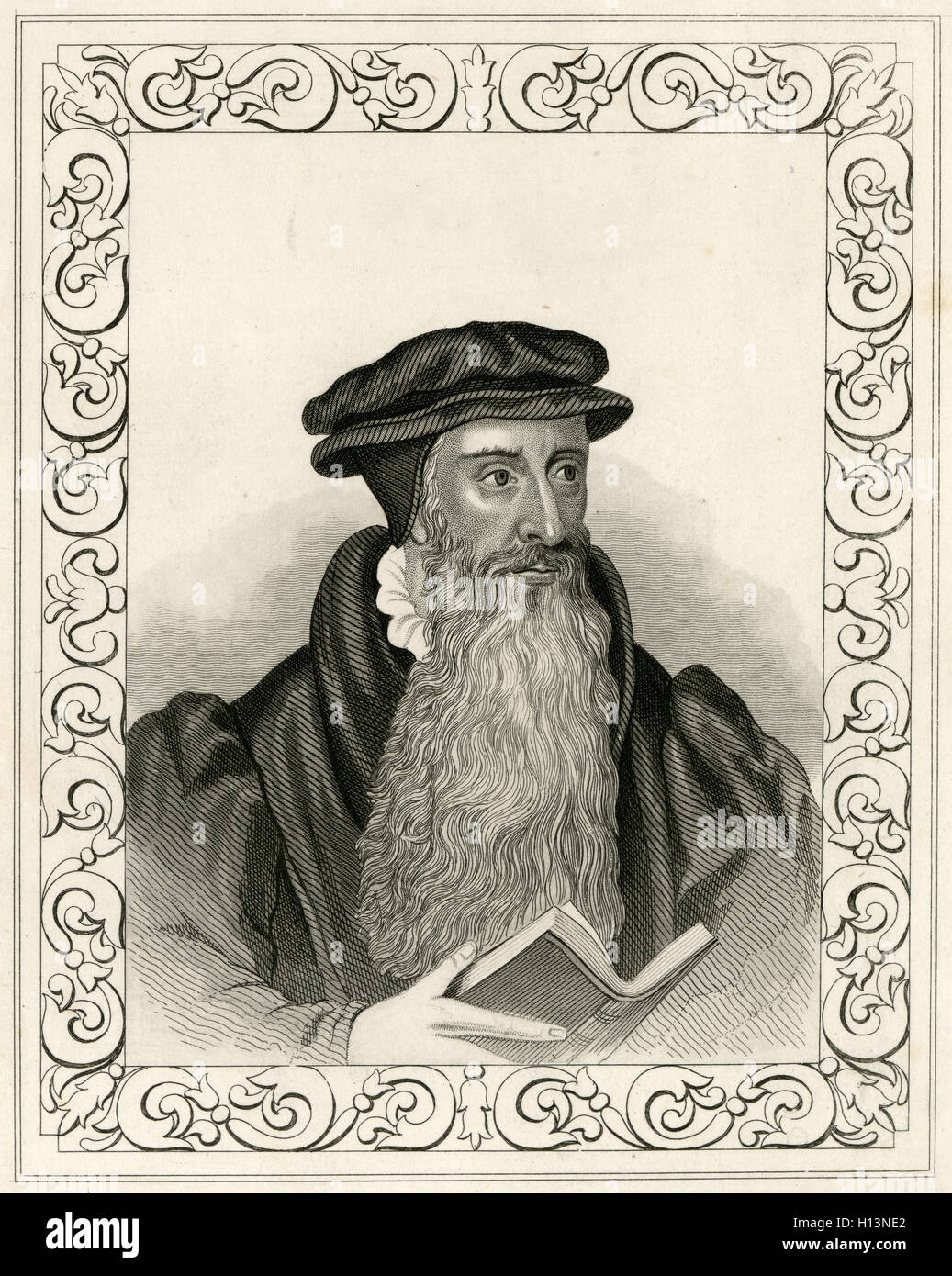 Antique c1850 engraving, John Knox. John Knox (1513-1572) was a Scottish minister, theologian, and writer who was a leader of the Reformation and is considered the founder of the Presbyterian Church of Scotland. SOURCE: ORIGINAL ENGRAVING. Stock Photo