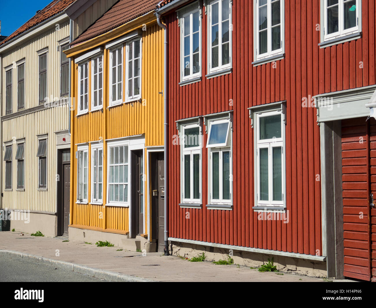 Traditional, wooden Norwegian townhouses in the city of Trondheim ...