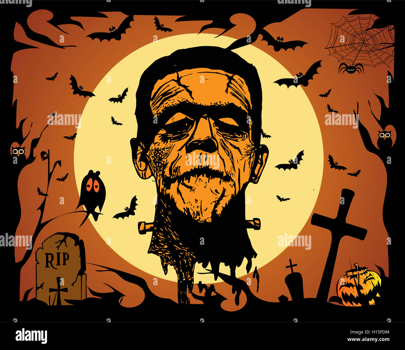 Happy Halloween background with Frankenstein head, orange color Stock Photo