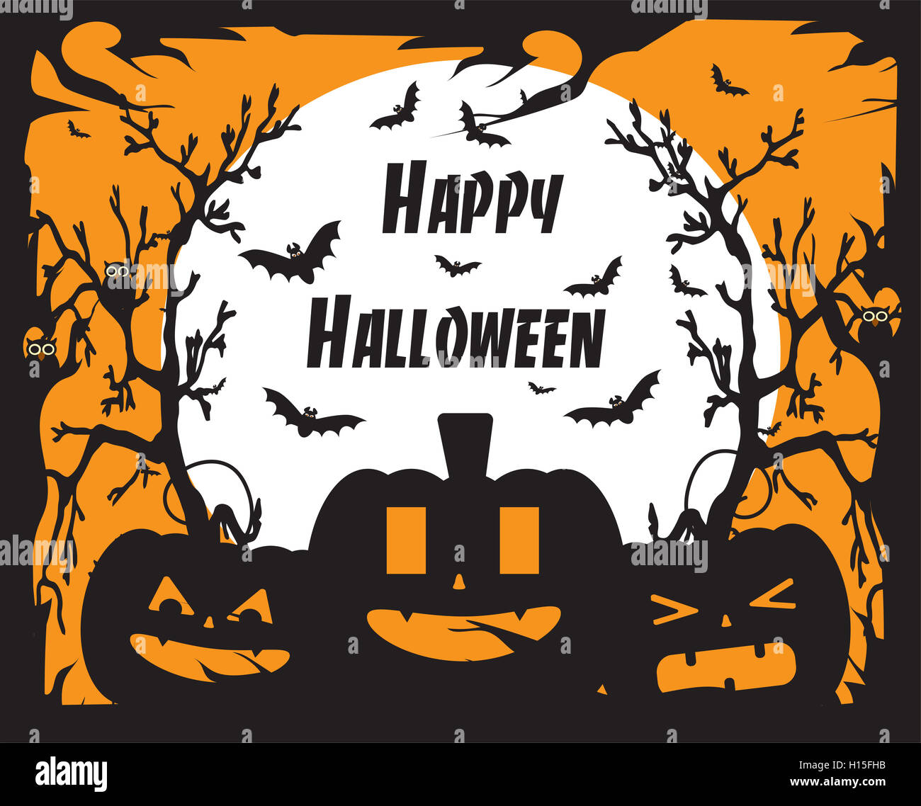 Happy Halloween background with pumpkins and bats, orange color Stock ...