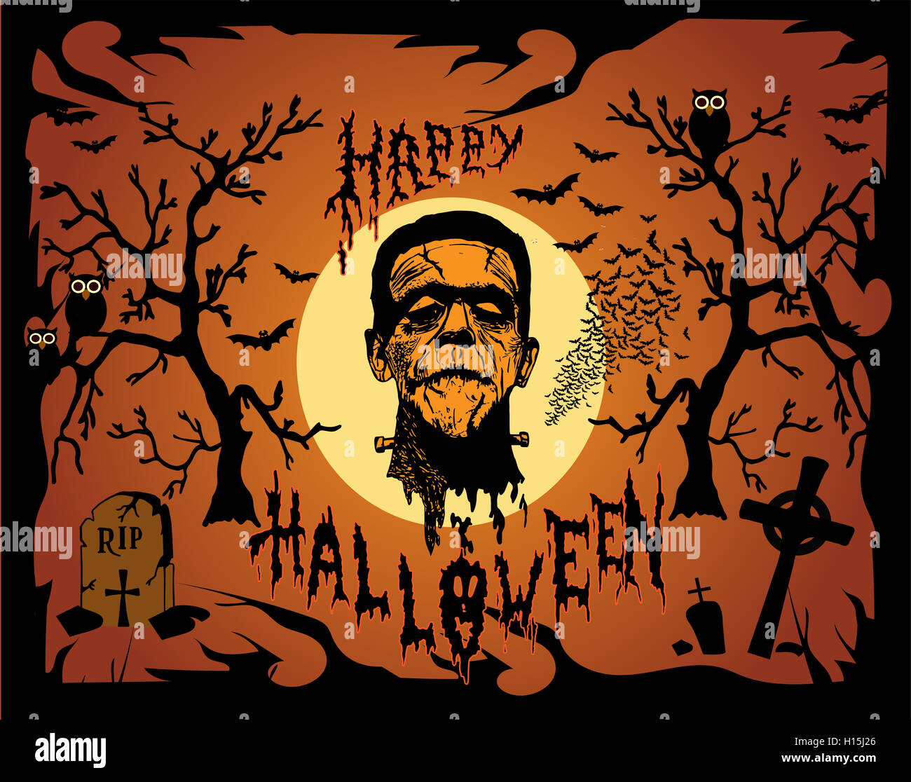 Happy Halloween with Frankenstein head Stock Photo