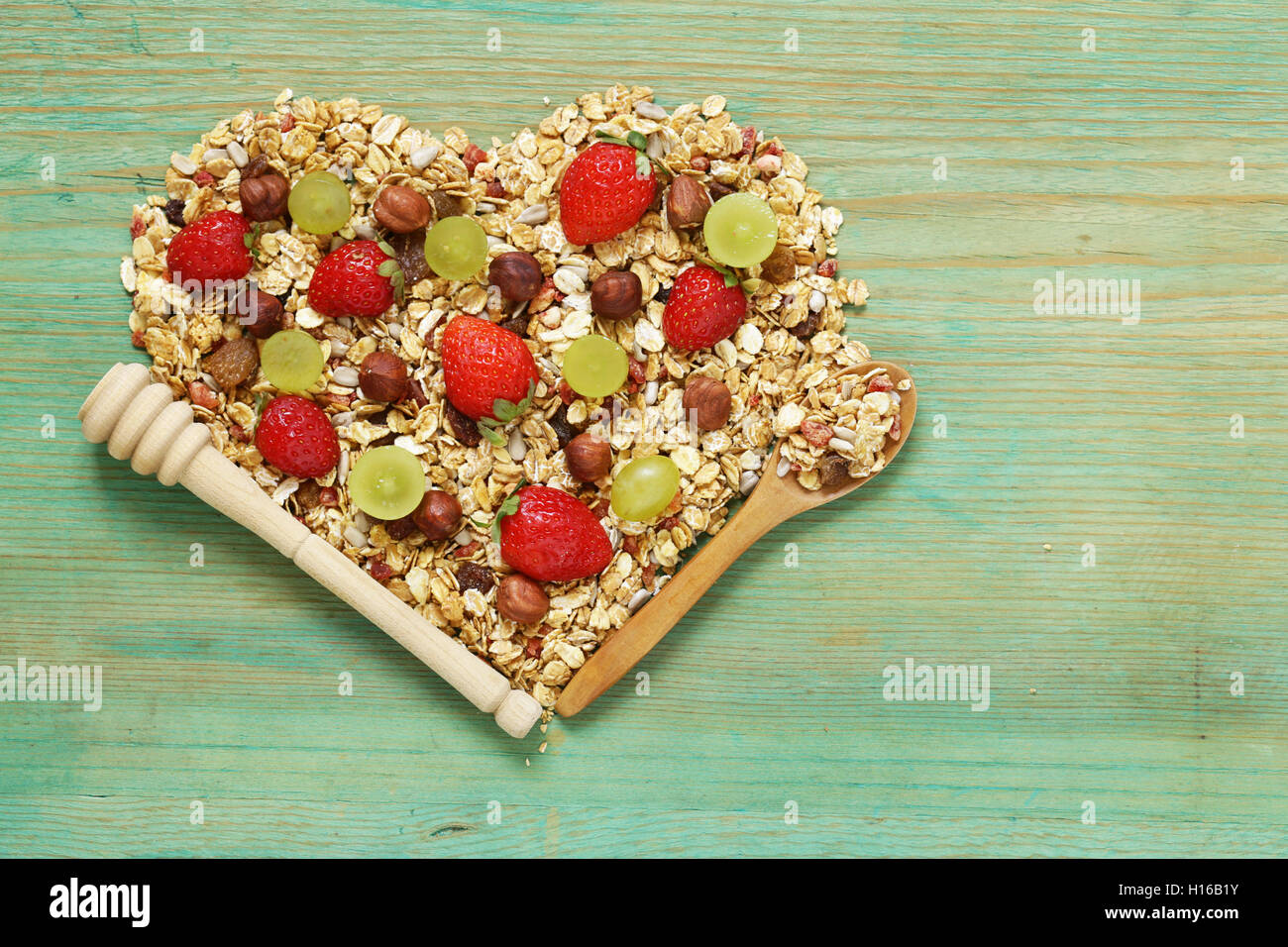 healthy eating granola cereal with nuts and fruit, in the shape of a