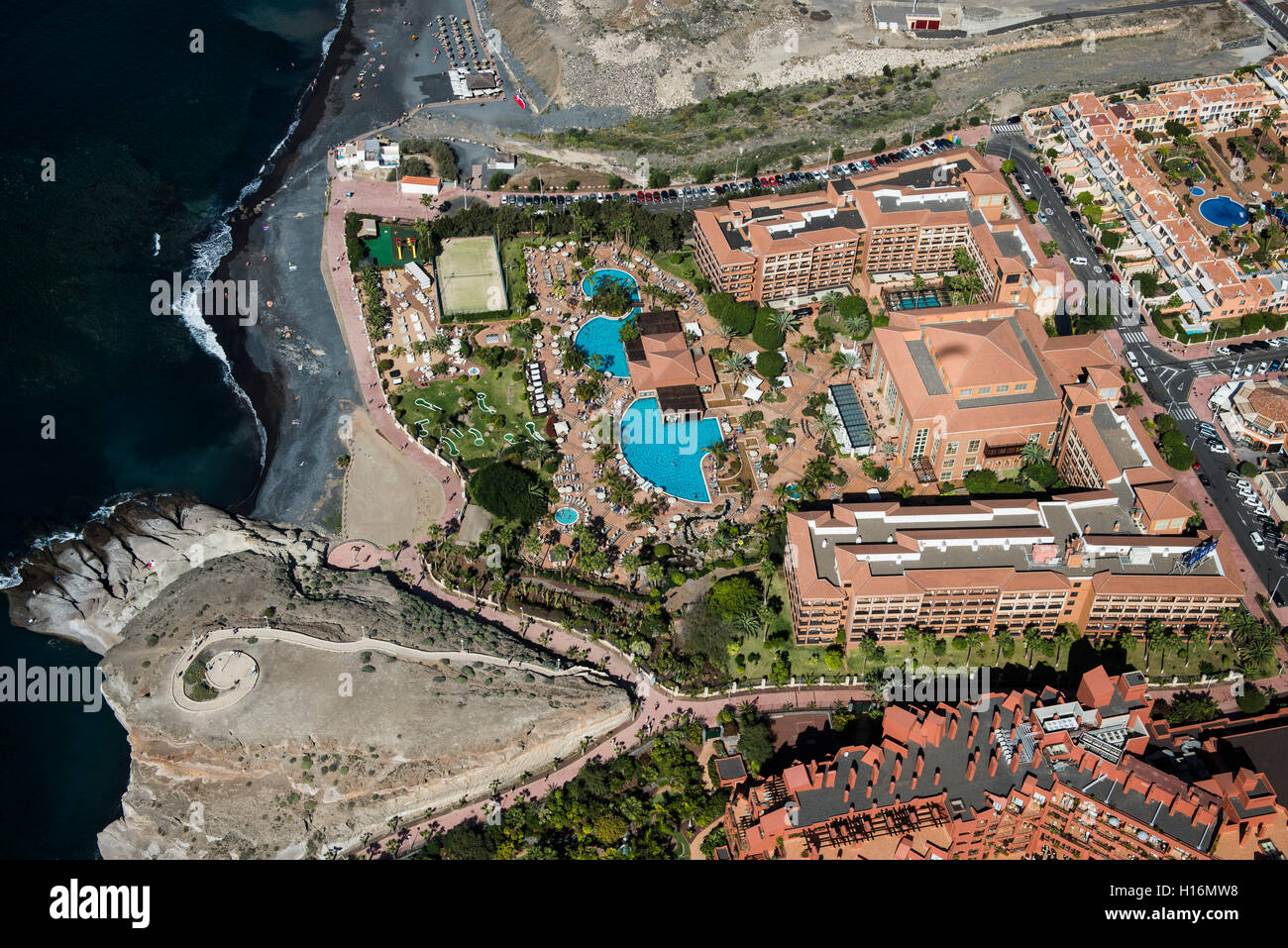 Beach and promenade, holiday region, Playa de La Esmeralde, Hotel H10Costa Adeje Palace and Hotel Sheraton La Caleta Resort and Stock Photo