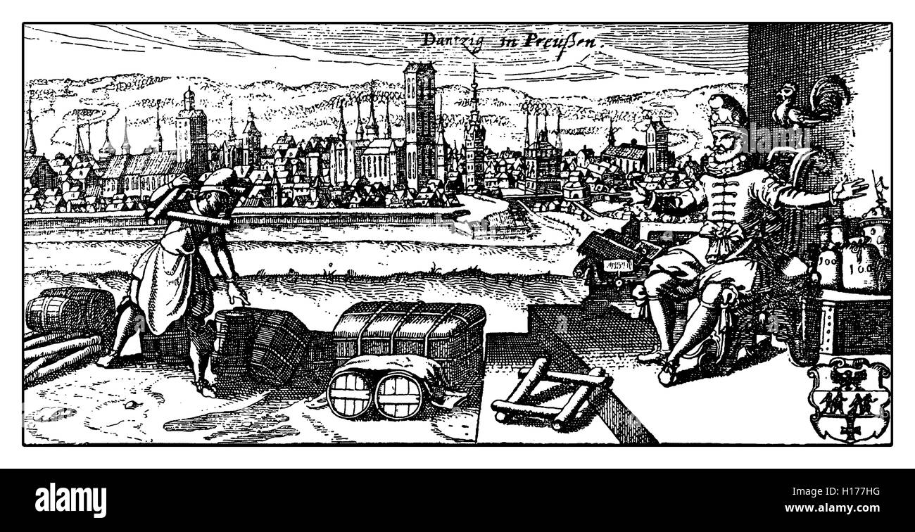 XVIII century, ancient view of Danzig the actual Gdansk, then Prussian German city on the Motklawa river, important seaport and shipbuilding town in XVI century. In foreground merchant and man on throne. Stock Photo