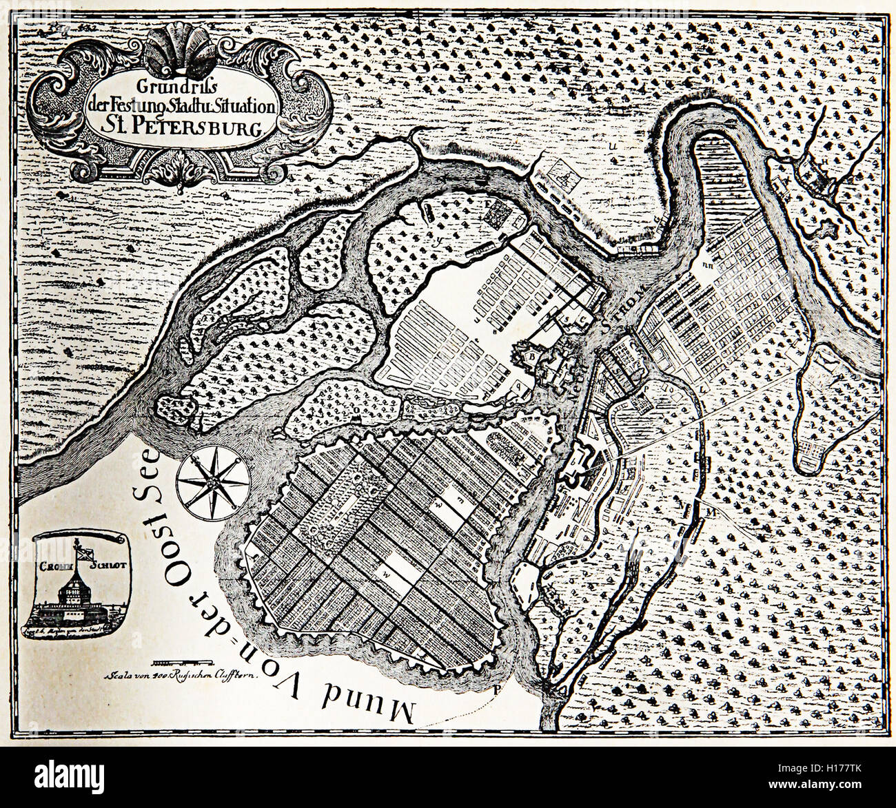 Vintage plan of St. Petersburg as a fortress at the mouth of the Neva River on the Baltic sea in 1738 Stock Photo