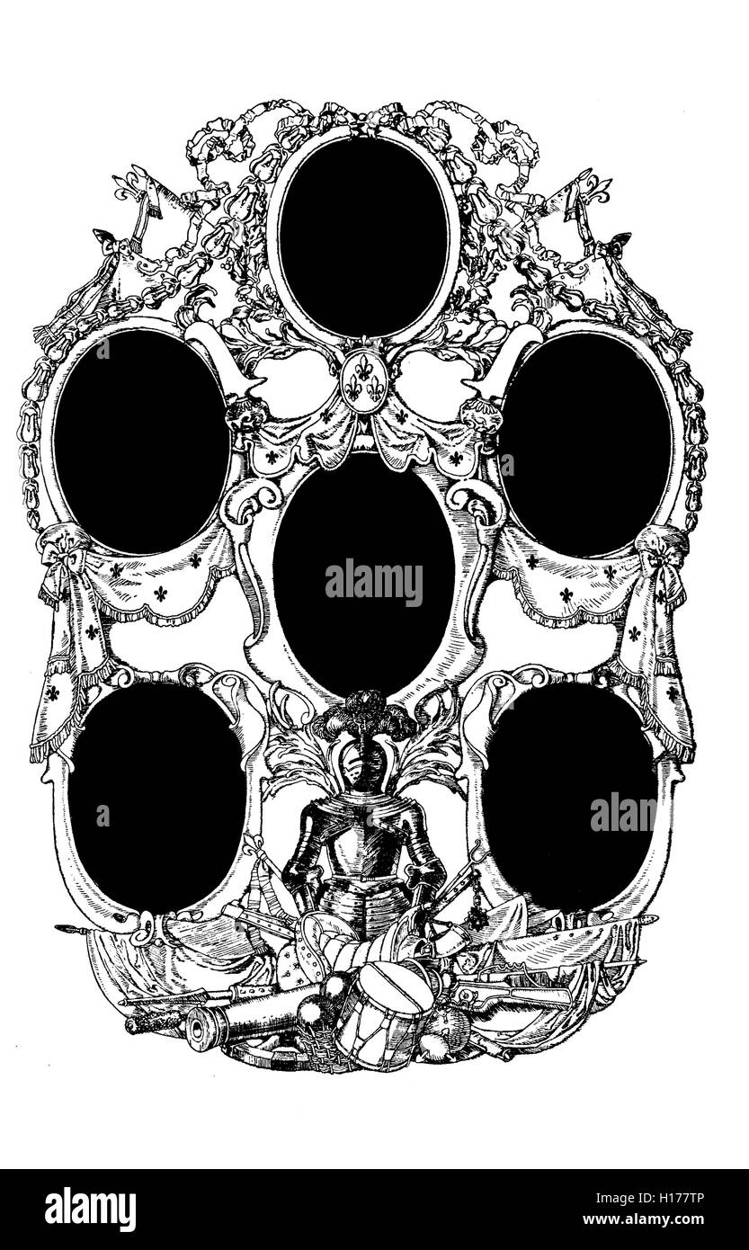 Baroque ornamental frame with 6 portraits and a triumph of armor and weaponry as decoration Stock Photo