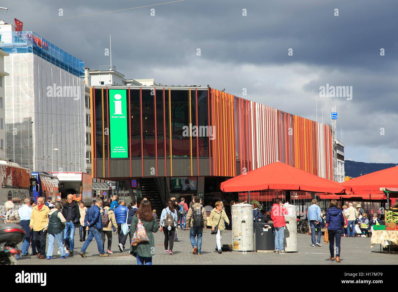 People outside modern Tourist Information office building, city of Bergen, Norway Stock Photo