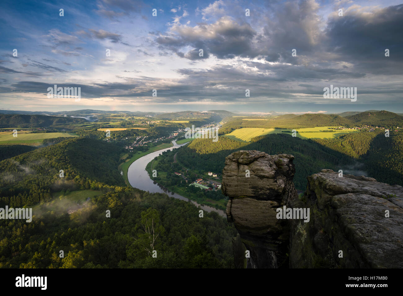 Elbsandsteingebirge and the river Elbe, seen from Lilienstein, Königstein, Saxony, Germany Stock Photo