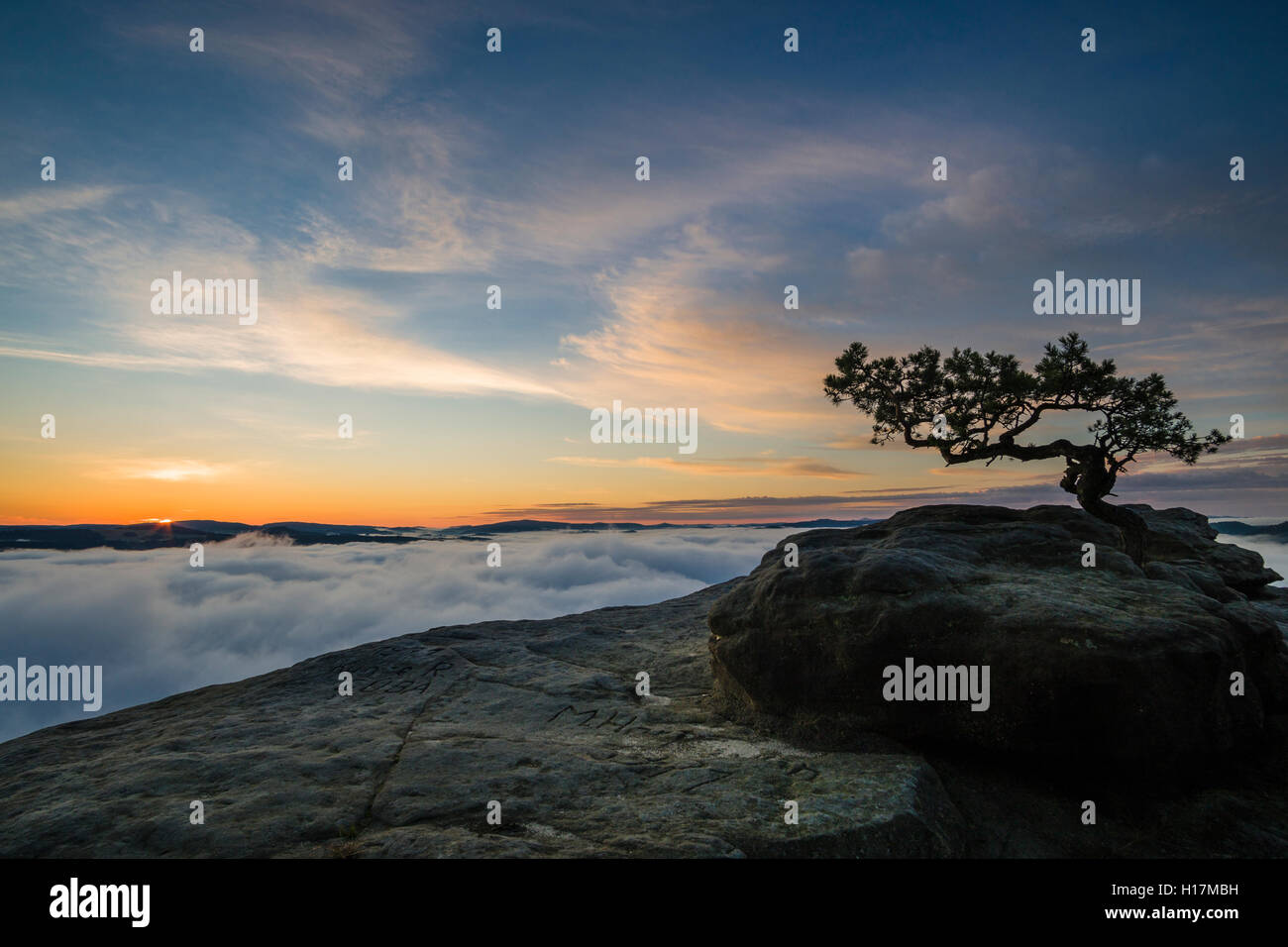 Thick fog is filling the valley of the river Elbe in Elbsandsteingebirge, seen from Lilienstein at sunrise, Königstein, Saxony Stock Photo