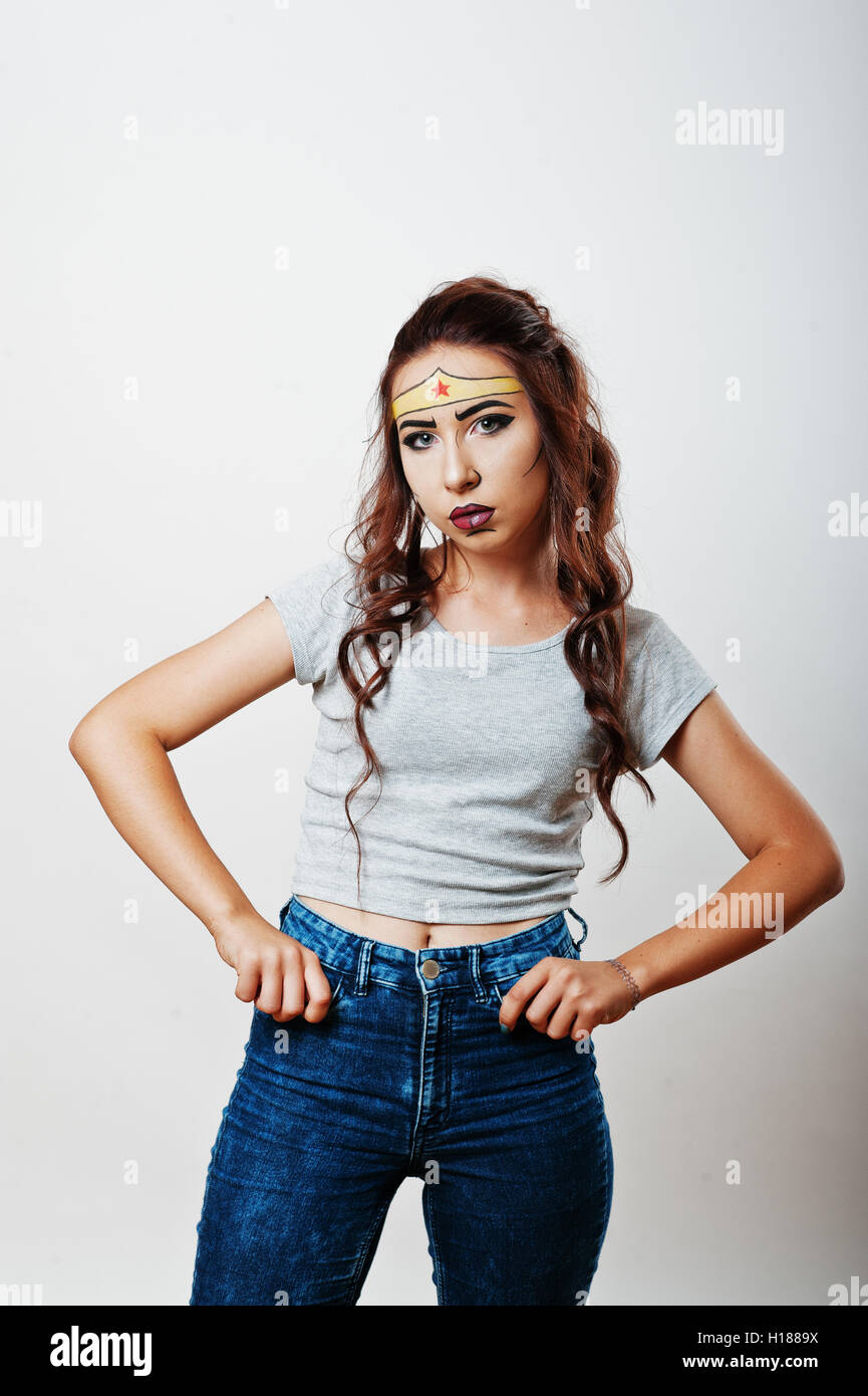 Studio portrait of girl with asian appearance and bright make up with ...