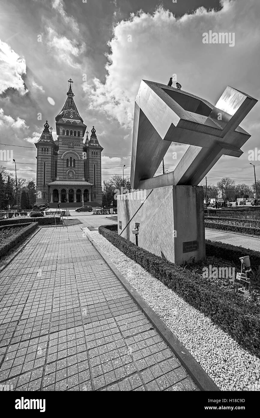 Fisheye view, in black and white, with the Metropolitan Cathedral and the memorial monument of the deads in anti-communist revol Stock Photo