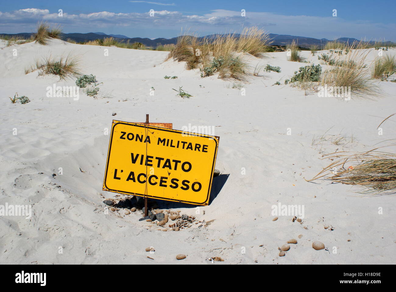 Military zone - access prohibted sign, Porto Pino, Sardinia Stock Photo