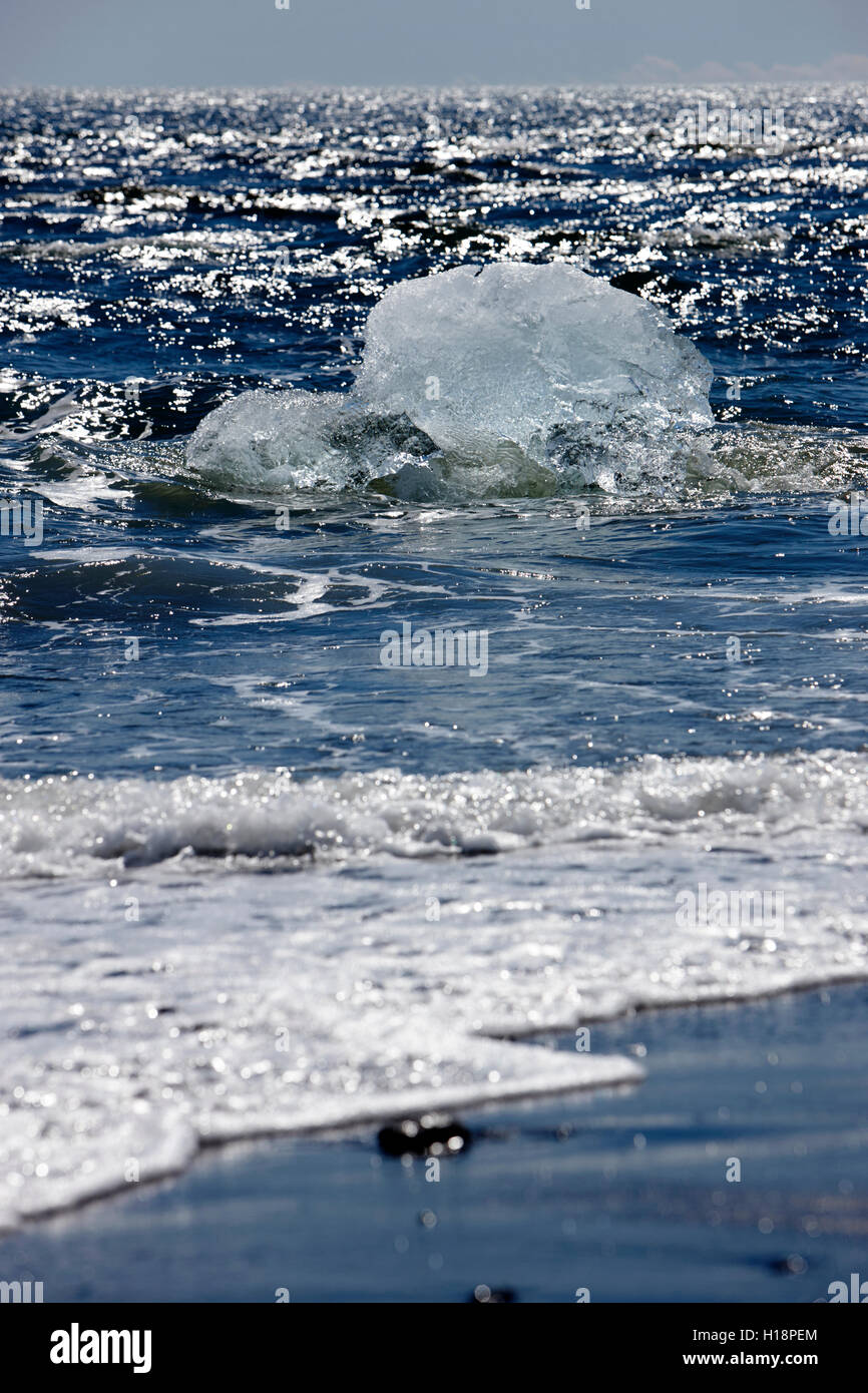 Iceberg washing up on black sand beach at jokulsarlon iceland Stock Photo