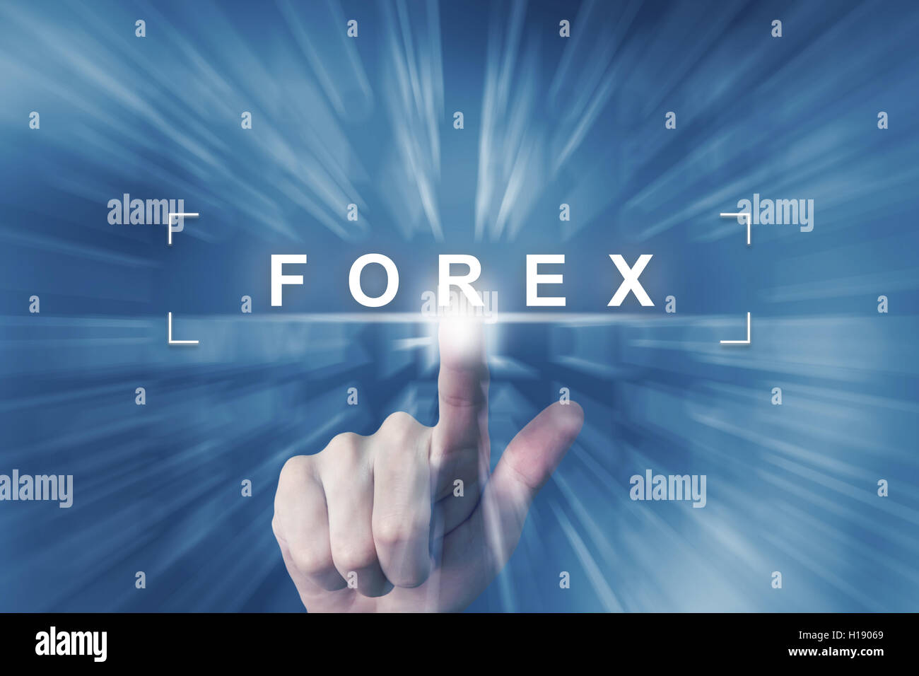 hand clicking on forex or foreign exchange button with zoom effect background Stock Photo