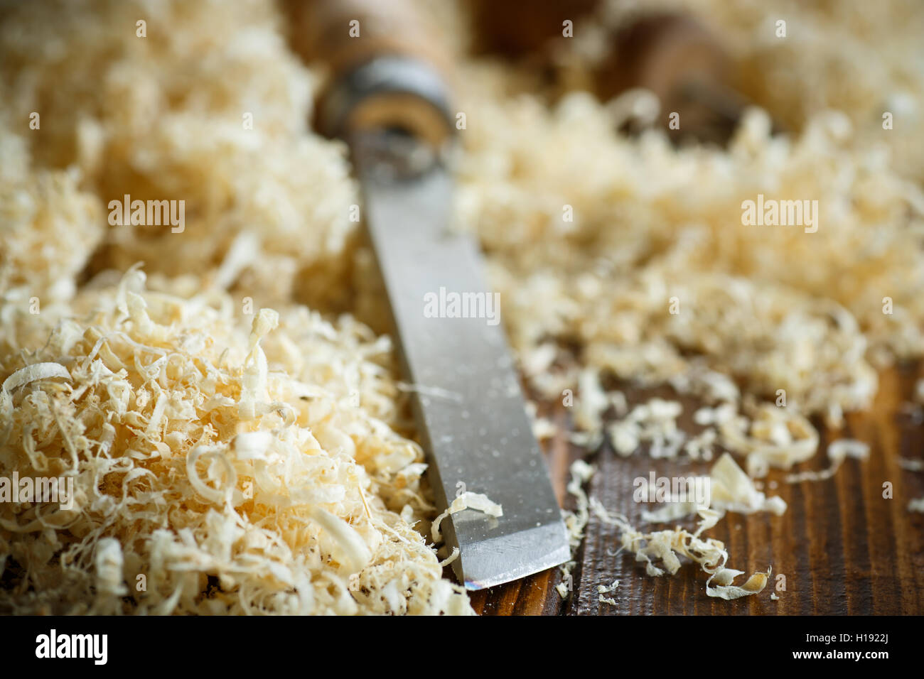 Woodworking tools. Chisel with sawdust Stock Photo Alamy
