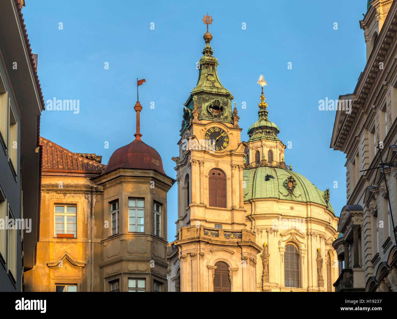 Early morning sunlight on Saint Nicholas Church, a Baroque architectural gem in Lesser Town, Prague 1, Czech Republic. Stock Photo