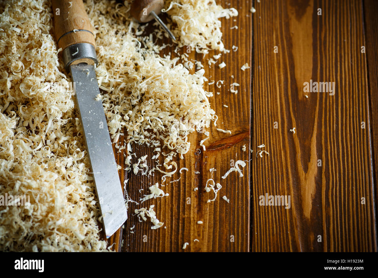 Woodworking tools. Chisel with sawdust Stock Photo Alamy