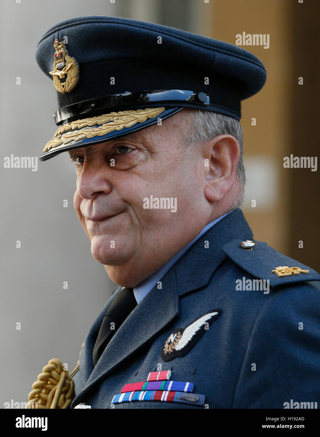 The Chief of the Defence Staff Air Chief Marshal Stuart Peach waits for Prime Minister Theresa May outside the Ministry of Defence in London. Stock Photo