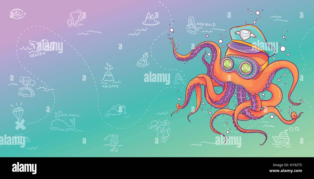 Vector Illustration of Octopus Wearing Captain Hat and Steampunk ...