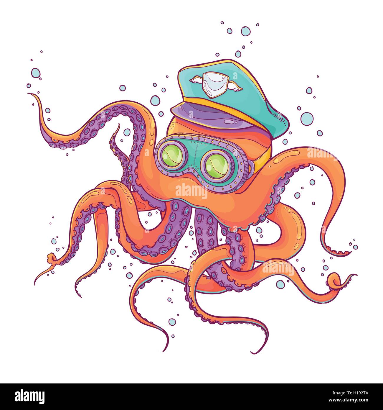 Vector Illustration of Orange Octopus Wearing Captain Hat and Steampunk ...