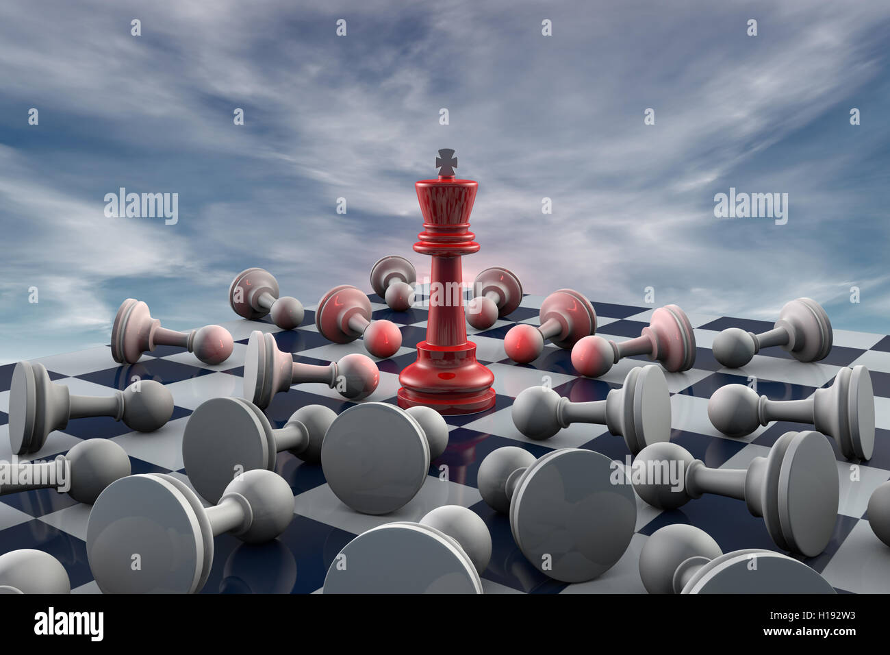 Red king and many gray pawn (fantastic background). Chess metaphor. 3D