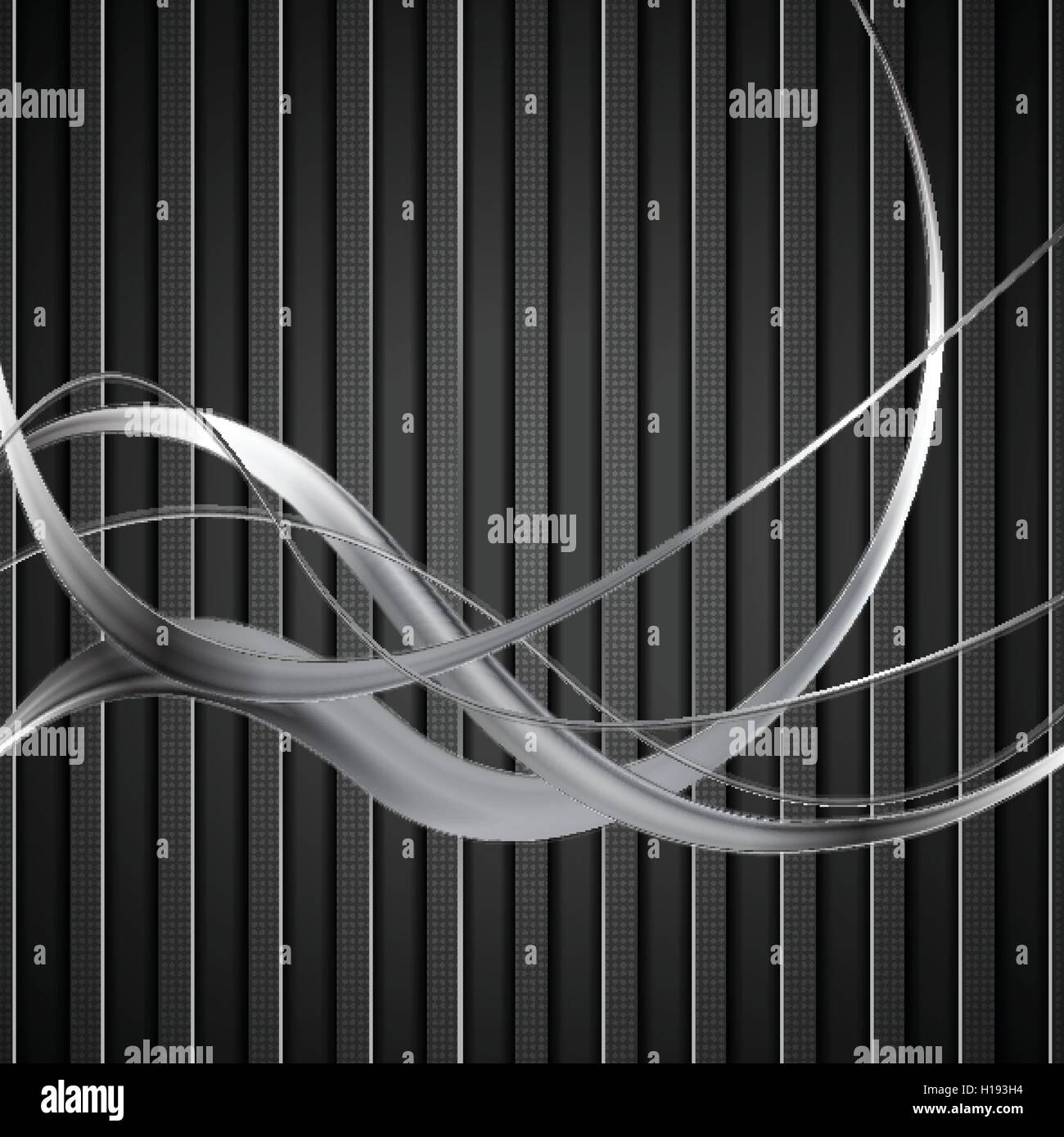 Silver metal waves on black striped background. Vector dark chrome ...