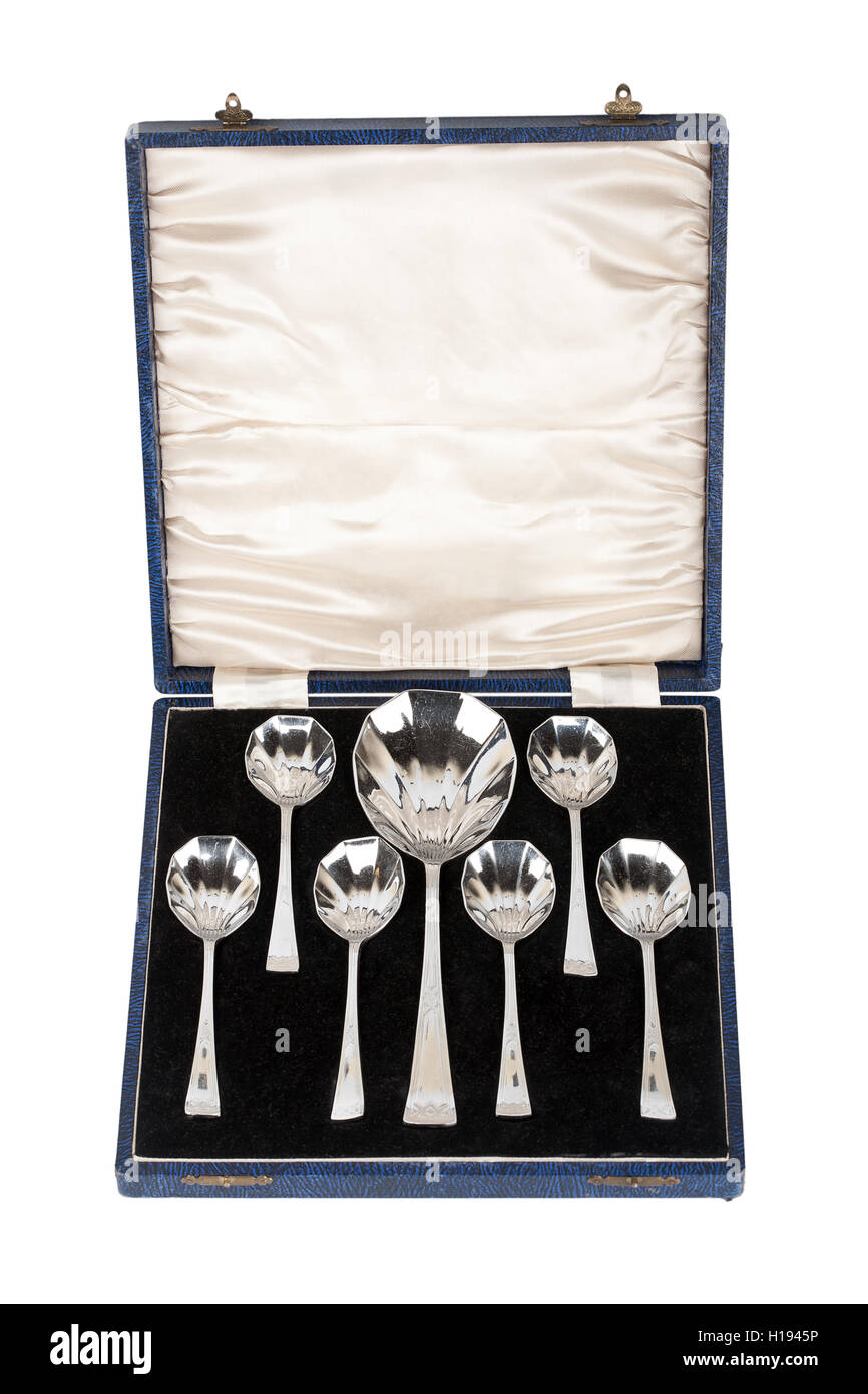 Vintage dessert spoon set in box isolated on white Stock Photo Alamy