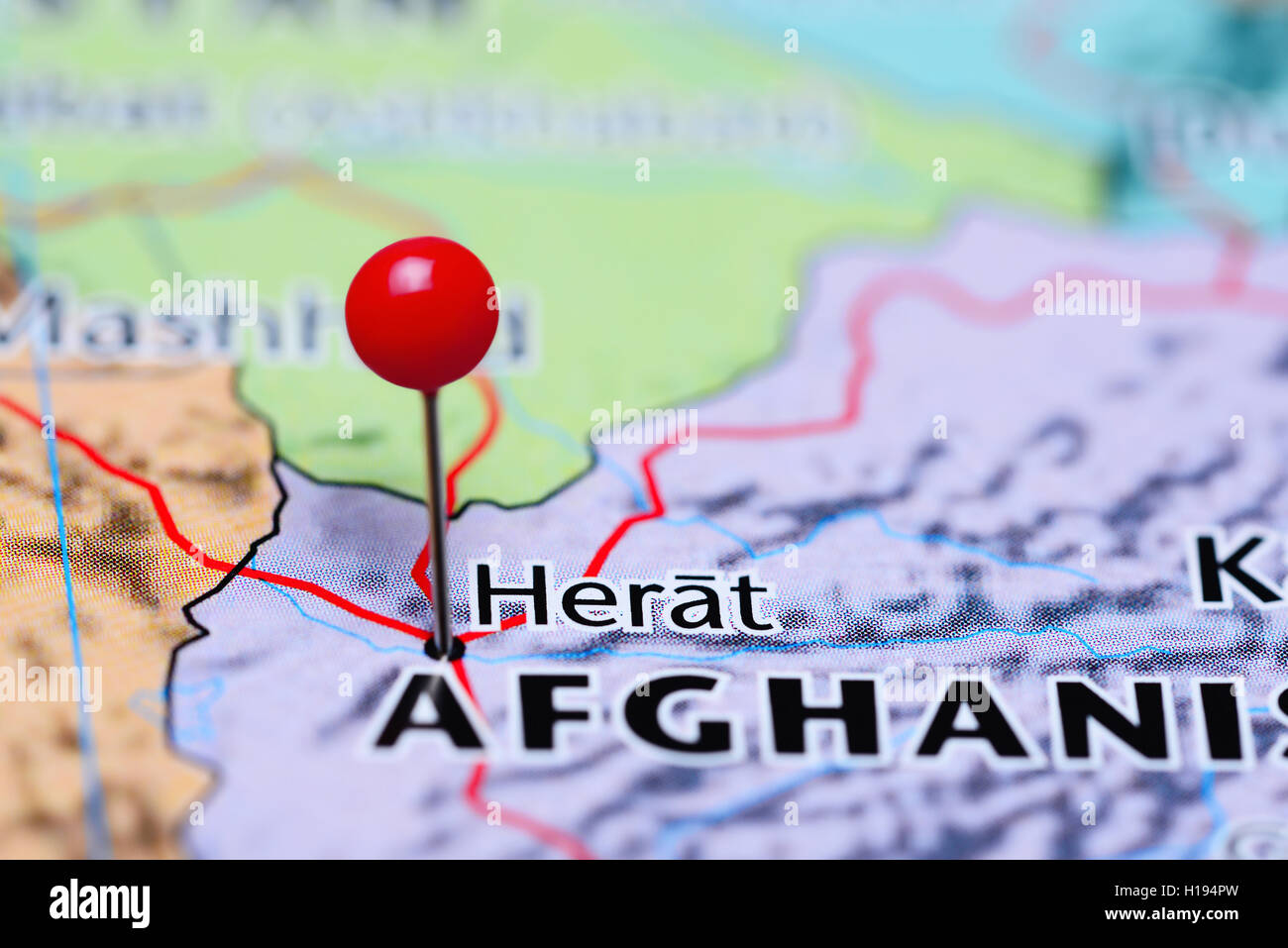 Herat pinned on a map of Afghanistan Stock Photo