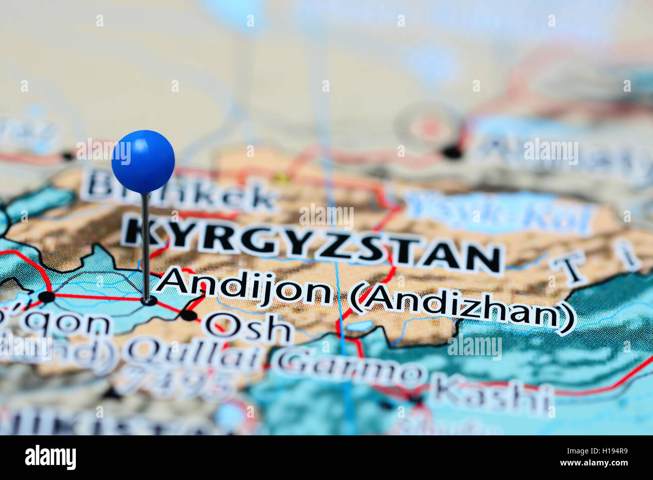 Andijon pinned on a map of Uzbekistan Stock Photo