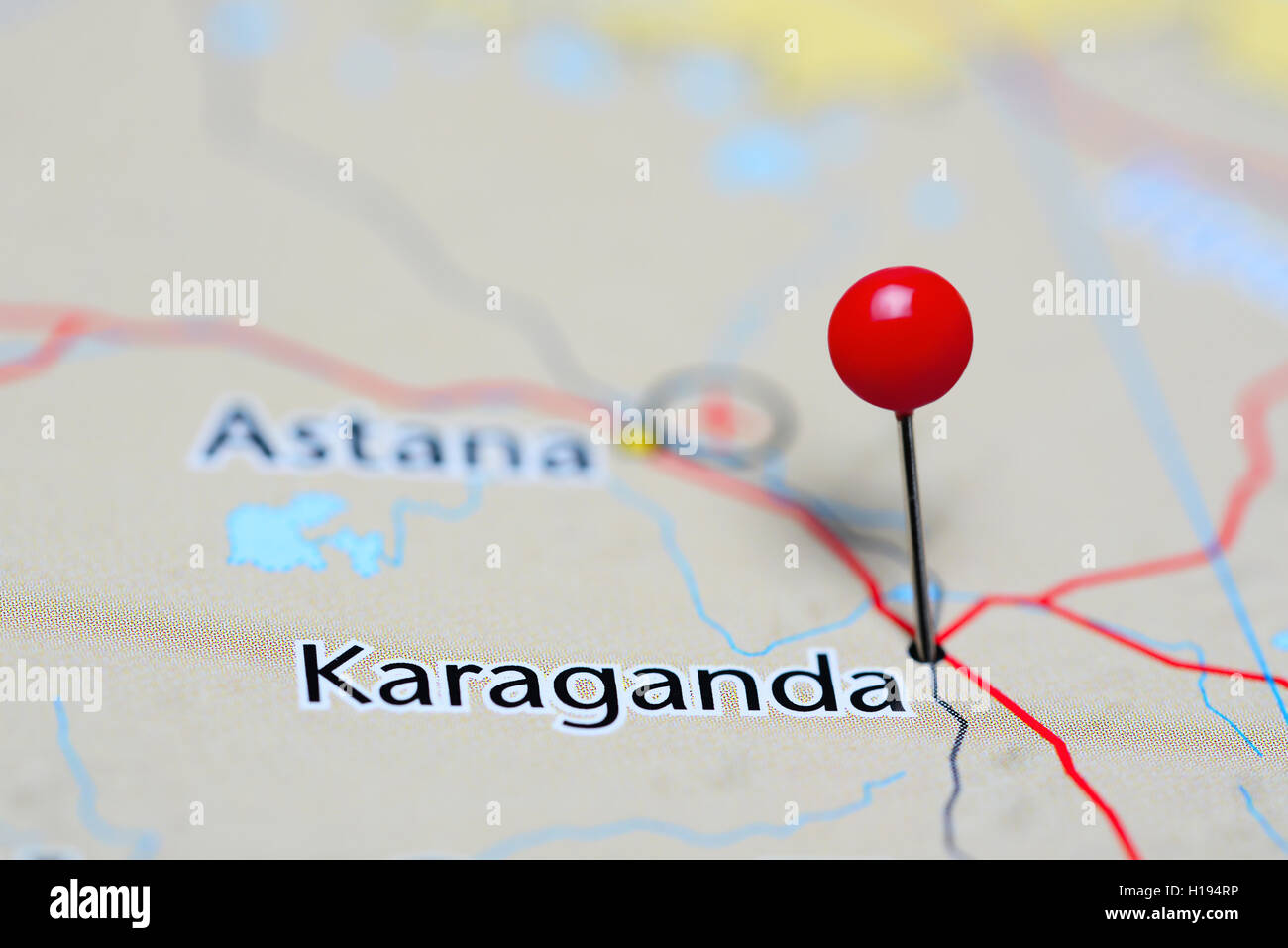 Karaganda pinned on a map of Kazakhstan Stock Photo
