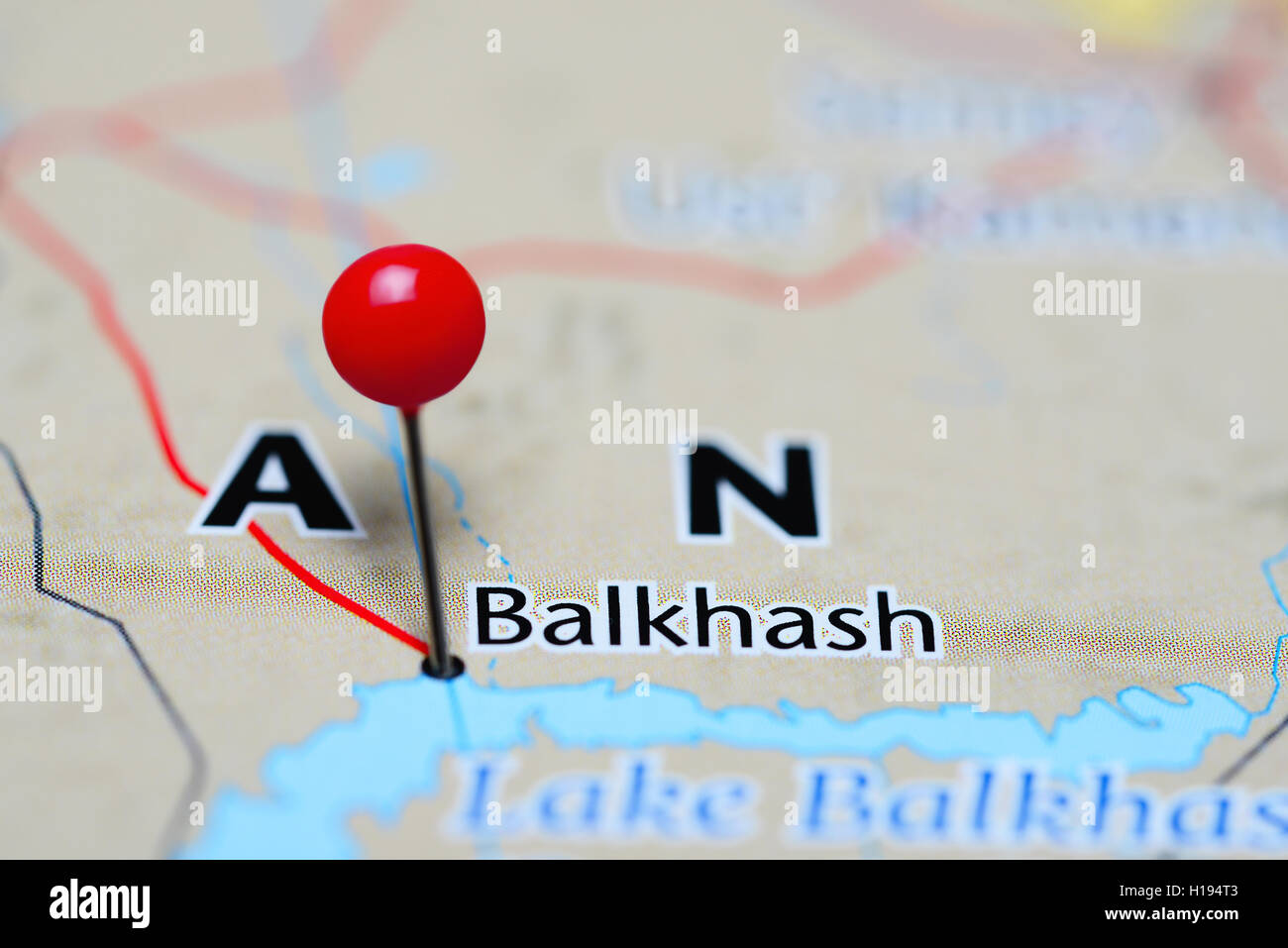 Balkhash pinned on a map of Kazakhstan Stock Photo - Alamy