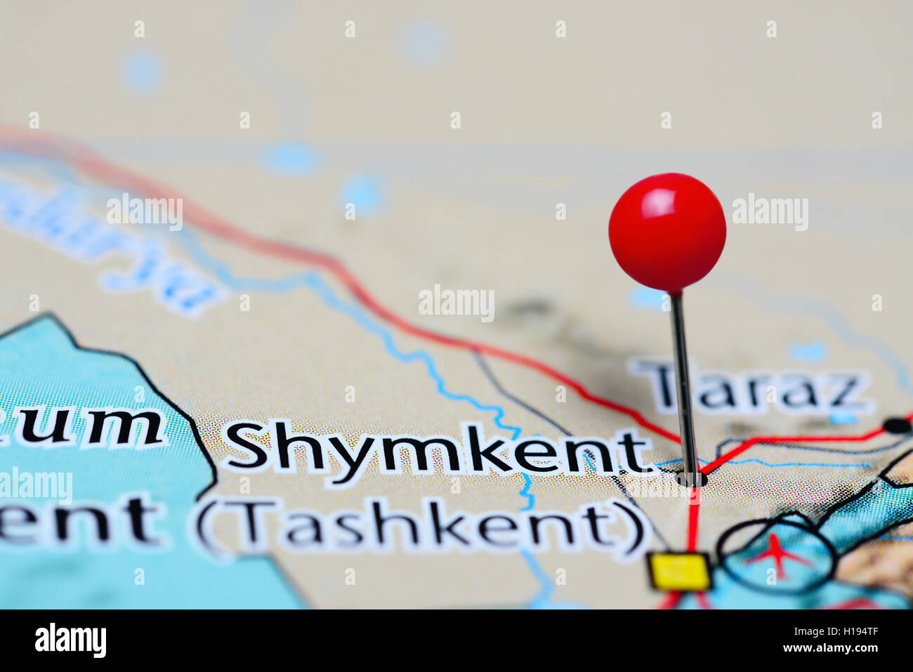 Shymkent pinned on a map of Kazakhstan Stock Photo