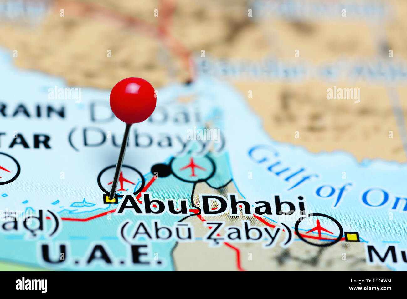 Abu Dhabi pinned on a map of UAE Stock Photo