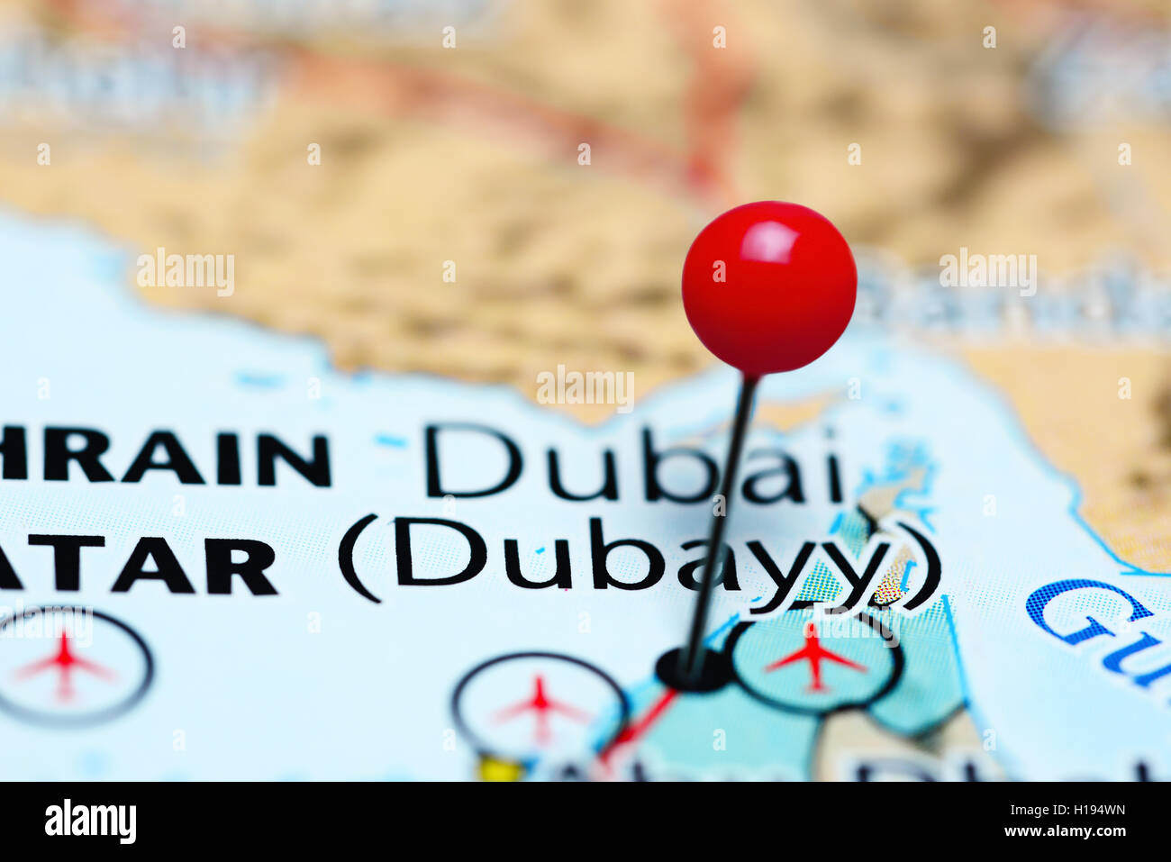 Dubai pinned on a map of UAE Stock Photo